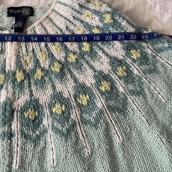 Handmade Womens Knit Cardigan With Floral Yoke Design Size M Pastel Mint Green & - Picture 4 of 8